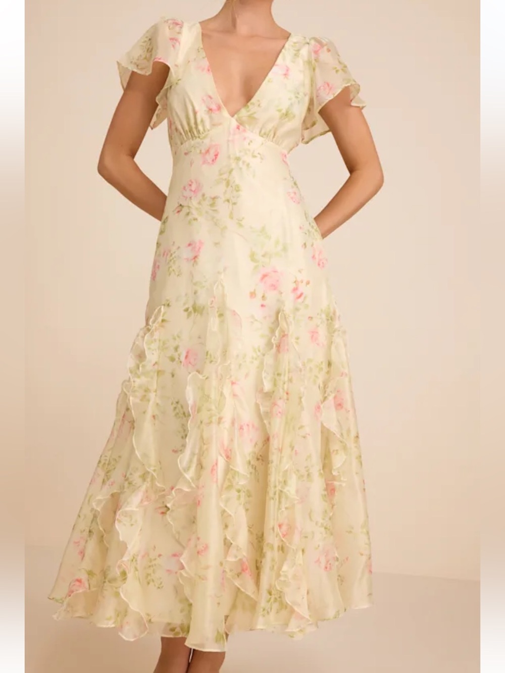 Lulus Deluca Light Green Floral Ruffled Midi Dress